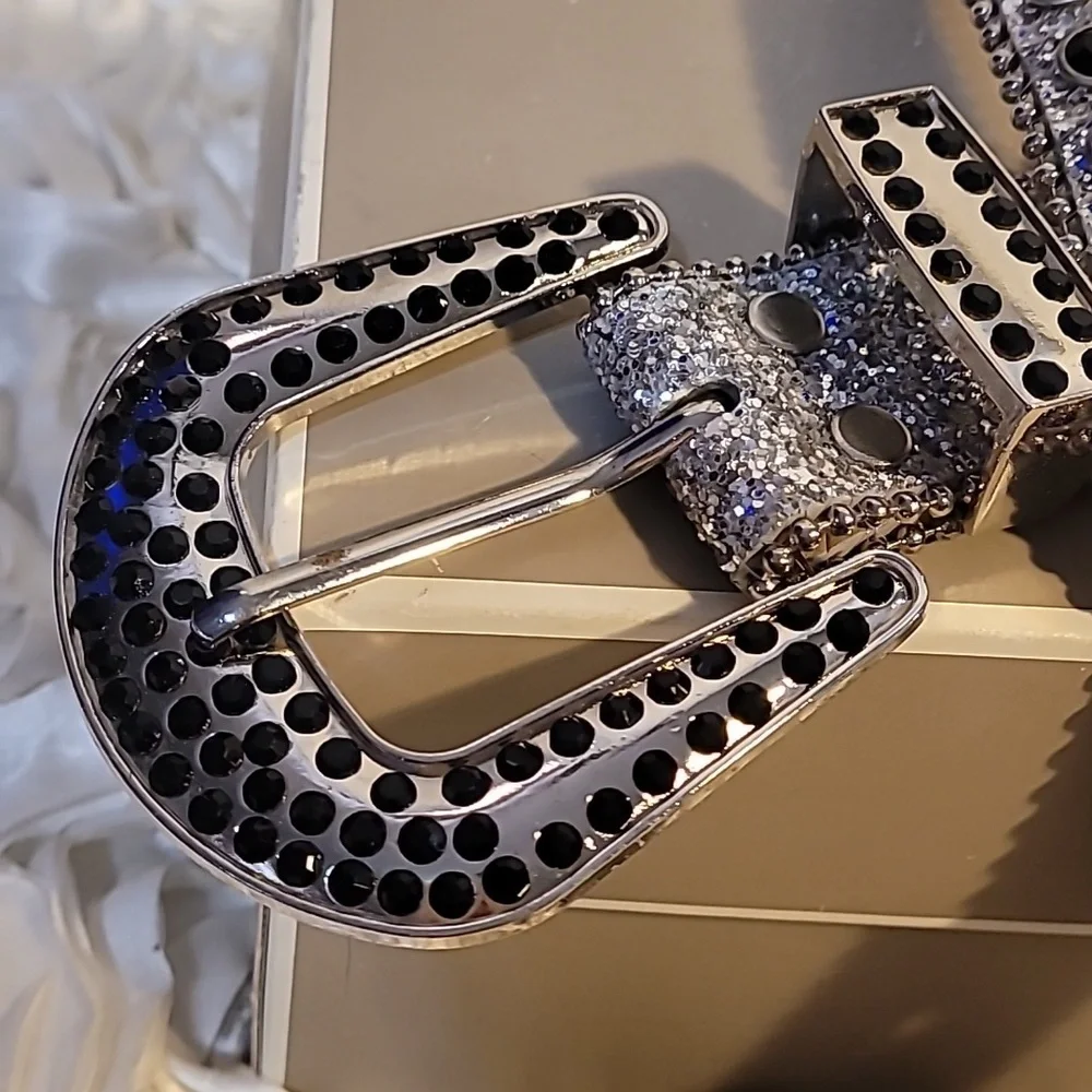 Rhinestone & Black Stud Grommet Womens Belt With Statement Buckle